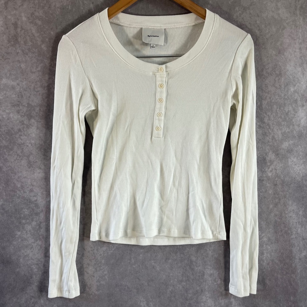 Reformation Henley Top Women Small White Ribbed Long Sleeve Organic Cotton